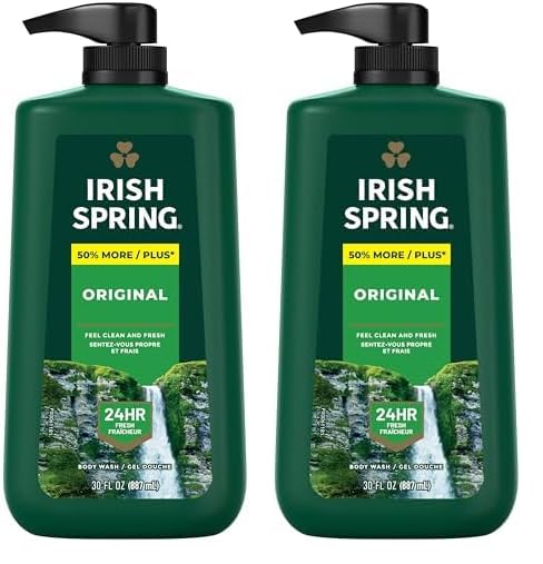 Irish Spring Men's Body Wash Pump, Original Clean Body Wash for Men, Smell Fresh and Clean for 24 Hours, Cleans Body, Hands, and Face, Made with Biodegradable Cleansing Ingredients, 30 Oz Pump