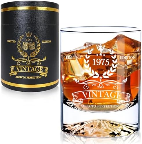 50th Birthday Gifts for Him, 12Oz Vintage 1975 Whiskey Glass with Unique Base, 50th Birthday Decorations for Men, 50 Year Old Cool Bday Gift Ideas for Him, Dad, Husband, Friends
