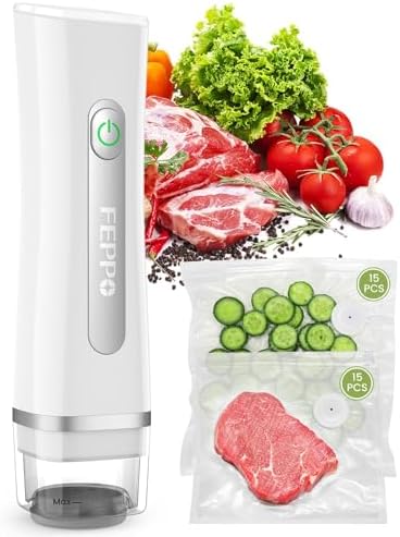 FEPPO Vacuum Sealer for Food with Visible Water Tank, Handheld Saver Compact Vacuum Sealer Machine with 30 Reusable Bags for 6X Preservation & Fresh, White