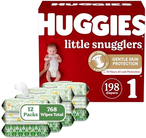 Huggies Little Snugglers Diapers & Wipes Bundle: Huggies Little Snugglers Size 1 Baby Diaper, 198ct & Huggies Natural Care Sensitive Wipes, Unscented, 12 Packs (768 Wipes Total) (Packaging May Vary)