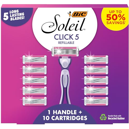 BIC Soleil Click 5 Women's Refillable 5 Blade Razors, Moisture Strip For Enhanced Glide, 1 Handle and 10 Cartridges, 11-Piece Razor Gift Set, Great Gift Idea