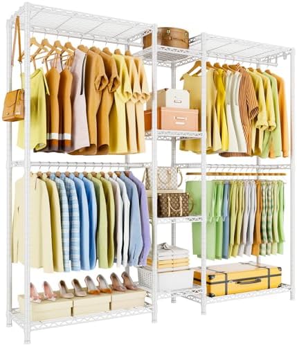 Ulif E4 Clothes Rack, Heavy-Duty Garment Rack, Metal Freestanding Clothing Organization Storage System Can Be L-shaped with Shelves and Hangers, Max Load 962lbs, 71.6" W x 14.5" D x 79.3" H, White