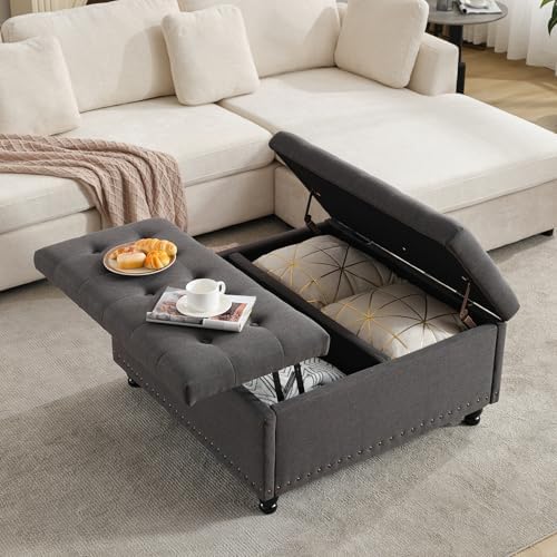 Tbfit Large Square Storage Ottoman Bench, Tufted Upholstered Coffee Table Ottoman with Lift Top & Wooden Legs, Oversized Storage Ottomans Toy Box for Living Room (Dark Grey)