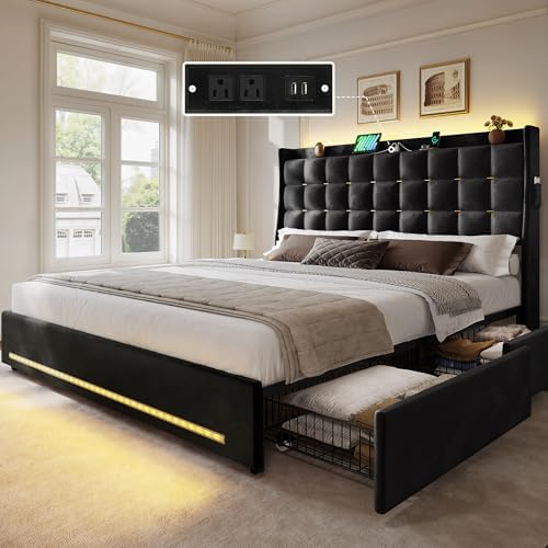 YITAHOME Queen Size Bed Frame with 4 Drawers and RGB LED Lights, Velvet Upholstered Platform Bed with Charging Station and Storage Headboard, No Box Spring Needed, Easy Assembly, Noise-Free, Black
