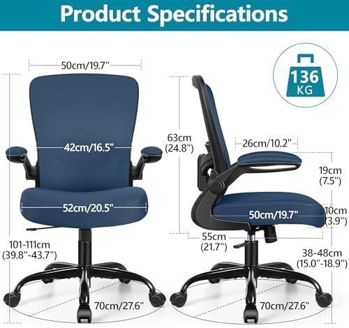 FelixKing Office Chair, Ergonomic Desk Chair Breathable Mesh Chairs Adjustable High Back Lumbar Support Flip-up Armrests, Executive Rolling Swivel Comfy Computer Chairs Home Office Navy