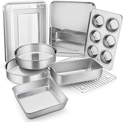 E-far Stainless Steel Baking Pan Set, 9-Piece Bakeware Sets for Cake Cookie Loaf Muffin, Include Round, Square, Rectangle Baking Sheet Pan with Lid & Cooling Rack, Dishwasher Safe