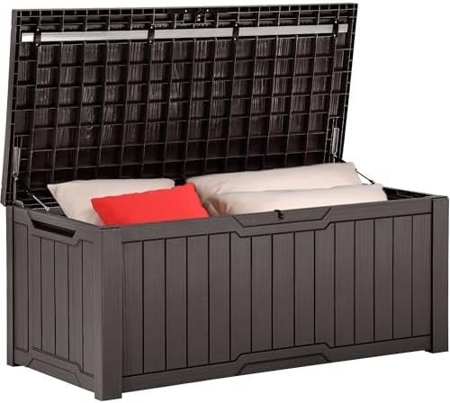 YITAHOME 120 Gallon Outdoor Storage Deck Box, Large Resin Patio Storage for Outdoor Pillows, Garden Tools and Pool Supplies, Waterproof, Lockable (Brown)