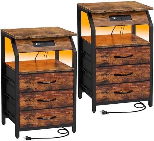 End Tables Set of 2, Nightstands with Charging Station and LED Lights, 3 Drawers Fabric Dresser, Storage Side Tables for Bedside, Living Room, Rustic Brown