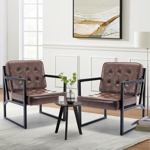 COLAMY Mid Century Modern Accent Chair Set of 2, Comfy Living Room Chair, Brown Leather Accent Chair, Faux Leather Reception Armchair with Metal Legs for Living Room Bedroom Reception Office, Brown