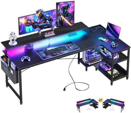 ODK 66 Inch Gaming Desk with USB Charging Ports and LED Lights, Reversible L Shaped Computer Desk with Storage Shelves & Monitor Stand, Corner Gamer Desk Table with Power Outlets, Carbon Fiber Black