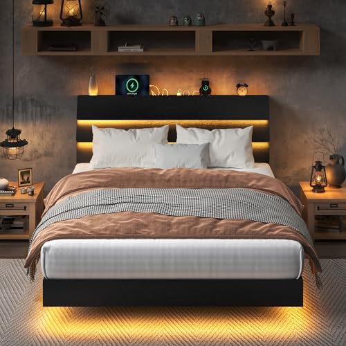 Feonase Floating Bed Frame Queen Size with Led Lights and Charging Station, Wood Queen Bed Frame with Storage Headboard, Heavy Duty Metal Slats, No Box Spring Needed, Easy Assembly, Black
