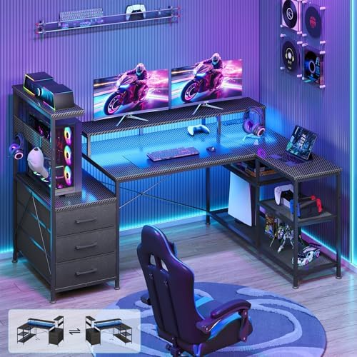 L Shaped Gaming Desk with Drawers & Storage Shelves, Corner Gaming Desk with Power Outlets & LED Light, Reversible Computer Desk with Monitor Stand & Hooks, Carbon Fiber Black