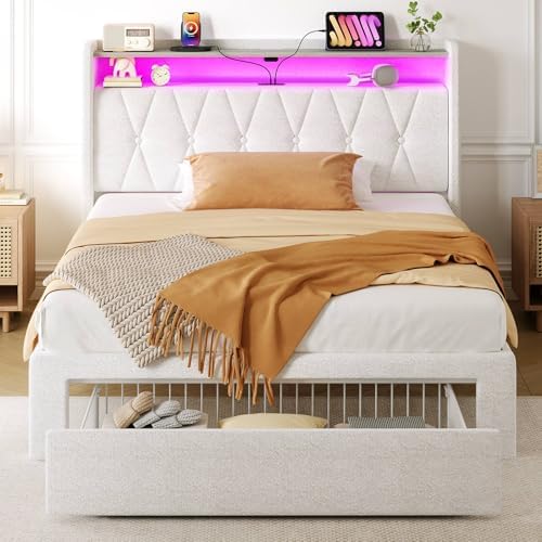Rolanstar Twin Bed Frame with Drawer, Storage Headboard with Charging Station and LED Lights, Upholstered Bed with Heavy Duty Wood Slats, No Box Spring Needed, Noise Free, Easy Assembly, Beige