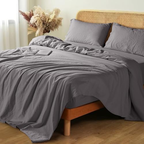 Shilucheng 100% French Linen Sheets - Queen Size Bed Sheets, Breathable & Cooling Pure Linen Sheets,Soft Durable and Tear Resistant -16 Inch Deep Pocket - 4Pcs (Dark Grey, Queen)