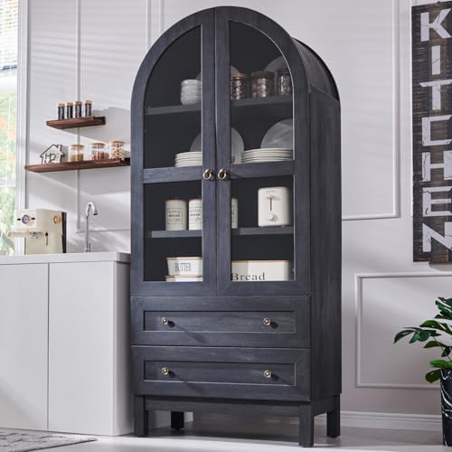 71" Tall Arched Kitchen Pantry Cabinet, Wood Kitchens Storage Cabinets with 2 Large Drawers and Adjustable Shelves, Modern Farmhouse Versatile Cupboard for Kitchen, Dining Room, Bathroom, Grey