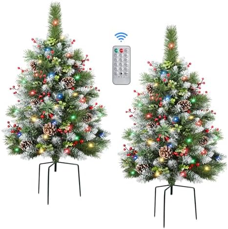 Set of 2 24.5 Inch Pre-lit Outdoor Christmas Tree with Remote, Timer, Multi-Color Lights, Battery Operated Lighted Frosted Christmas Pathway Urn Filler, Christmas Porch Decorations for Home & Yard
