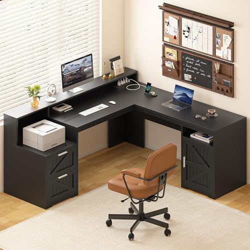 63" Farmhouse L Shaped Desk with Drawers & Storage Shelf, Corner Computer Desk with Power Outlets for Home Office, Executive Desk with Monitor Stand, Printer Shelf, Black