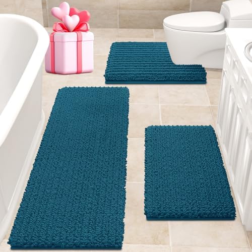 ACCUMTEK Upgrade Extra Large Teal Blue Bathroom Rug Set 3 Pieces Ultra Soft, Thick Absorbent Bath Mats, Non Slip Chenille Toilet Mat for Bathroom, Bedroom, Kitchen