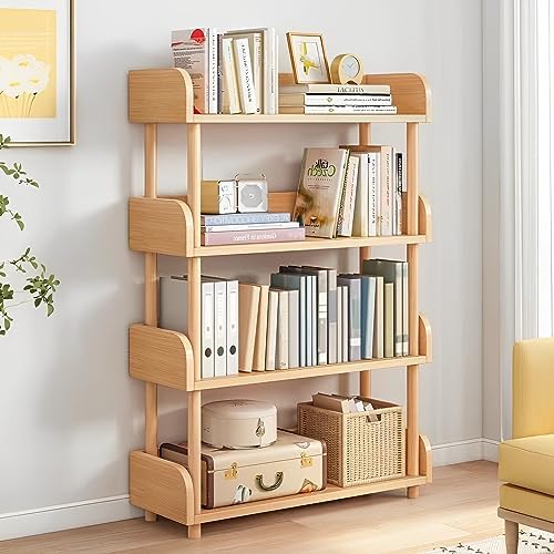 4-Tier Wooden Open Bookcase - Modern Display Bookshelf with Top Edge and Solid Wood Frame for Home and Office, Storage Cabinet, Oak