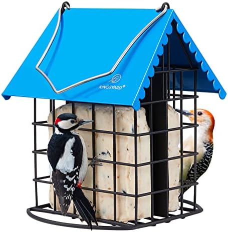 Kingsyard Double Suet Bird Feeder with Weatherproof Roof & Perch, All Metal, Suet Cakes Cage Bird Feeder for Outdoors Hanging, Easy to Clean & Refill, Blue