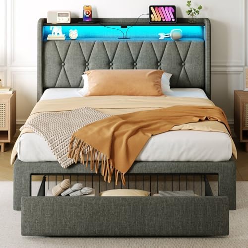 Rolanstar Twin Bed Frame with Drawer, Storage Headboard with Charging Station and LED Lights, Upholstered Bed with Heavy Duty Wood Slats, No Box Spring Needed, Noise Free, Easy Assembly, Dark Grey