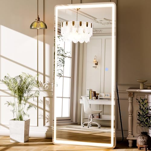 GLSLAND 65x26 LED Mirror Full Length, Aluminum Alloy Floor Mirrors with Lights, 3 Color Lighting & Dimming for Bedroom Decorative Wall Mounted, White