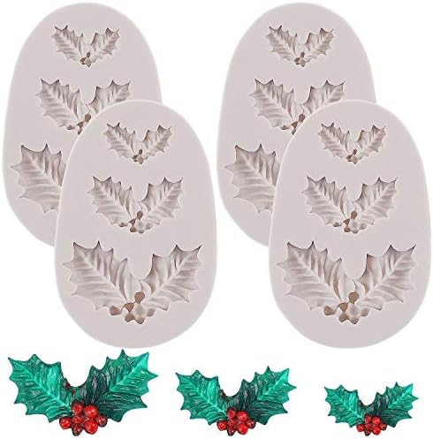 4 Pieces Christmas Holly Leaves Silicone Mold Leaf Shaped Fondant Mold Chocolate Dessert Molds for Baking Chocolate Candy Sugar Cake Decorations