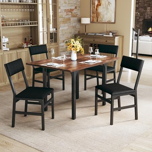Dining Table Set for 4, Extendable Kitchen Table Cushion Chairs Set of 4, Rectangle Dining Table with Metal Frame & MDF Board, Folding for Small Apartment Saving Space, Rustic Brown