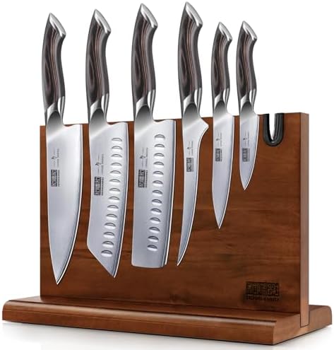 HOSHANHO 7 Pieces Kitchen Knife Set, Japanese High Carbon Stainless Steel Magnetic Knife Block Set, Ultra Sharp Chef Knives Sets with Ergonomic Pakkawood Handle