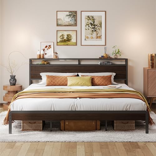 LIKIMIO King Bed Frame with Headboard, Dark Wood Camas King with Strong Supports, Sturdy, Noise-Free, No Box Spring Needed, Dark Brown