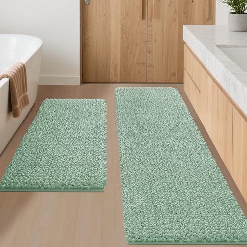 ACCUMTEK Upgrade Luxury 2 Piece Sage Green Toilet Bathroom Rug Mat 48"x20"+24"x17", Ultra Soft Thick Absorbent Bath Mats, Non Slip Chenille Toilet Mat for Bathroom, Bedroom, Kitchen, Shower, Tub