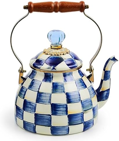 MACKENZIE-CHILDS Enamel Tea Kettle, Stylish Tea Kettle for Stovetop, Blue-and-White Royal Check, 2 Quarts