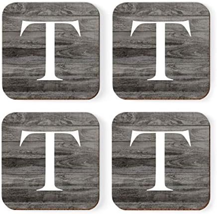 Andaz Press Square Coffee Drink Monogram Coasters Gift Set, Initial Letter T, Dark Gray Farmhouse Rustic Wood, 4-Pack, Wedding Bridesmaid Groomsman Gifts, Housewarming Ideas