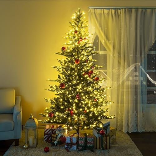 Naomi Home 6.5ft Nordic Christmas Tree with Lights, Realistic Charming Prelit with 921 Branch Tips, 500 Warm Lights and Metal Stand, Aritificial Tree