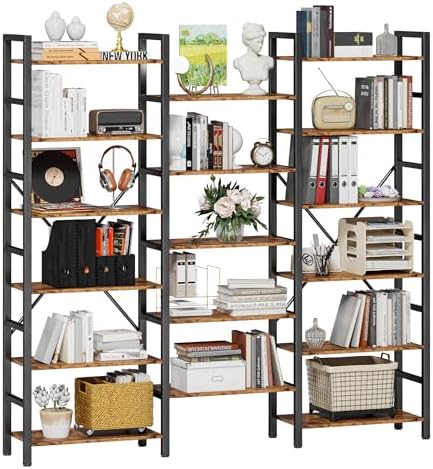 IRONCK Bookshelves 6 Tiers Triple Wide Industrial Bookshelf, Large Etagere Bookshelf Open Display Shelves with Metal Frame for Living Room Bedroom Home Office