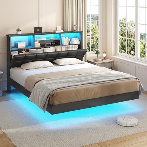 VIAGDO Floating Bed Frame Full Size with Headboard and Storage, Upholstered Full Size Platform Bed Frame with USB & Type C Charging Station and LED Lights, Hidden Storage, No Box Spring Needed, Black