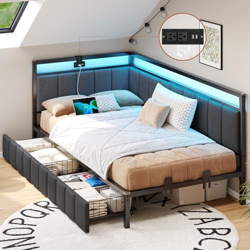 DICTAC Twin XL Bed Frame with 2 Storage Drawers and Charging Station Twin XL Size Platform Corner Bed Frame with Led Lights and Upholstered Guardrail Daybed for Living Room,Bedroom and Guest Room,Gray