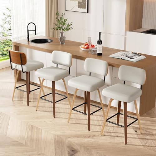 Swivel Bar Stools Set of 4, 26" Upholstered Faux Leather Counter Height Barstools with Walnut Back & Bentwood Legs, Mid Century Modern Bar Chairs Island Stools for Kitchen Counter, Cream White
