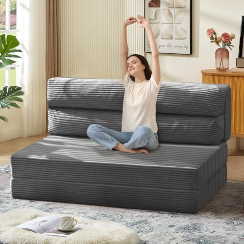 Folding Sofa Bed, Convertible Sleeper Chair with Pilow Foldable Matress, 2 in 1 Pull Out Loveseat Sofa Portable Fold Out Chair Bed Comfy Floor Couch Lounge for Living Room Bedroom,Grey,Full