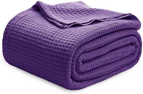 Bedsure 100% Cotton Blanket Queen Size for Bed - Breathable and Soft, Waffle Weave Blanket for Summer Spring, Purple, 90x90 Inches
