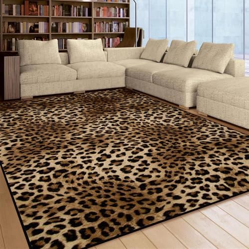 Leopard Rug 8x10 Large Living Room Area Rug Washable Non-Slip Leopard Print Bedroom Rug Modern Themed Indoor Carpet for Dining Room Foyer Apartment Den(8x10ft,Brown)