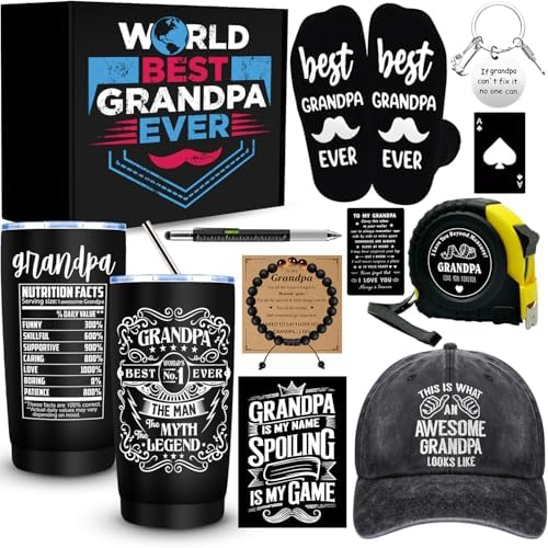 11 Pieces Grandpa Gifts, Best Grandpa Ever Gift with 20 Oz Tumbler Socks Baseball Cap Tape Measure Bracelet Wallet Card Keychain, Fathers Day Birthday Christmas Gift for Grandfather Granddad