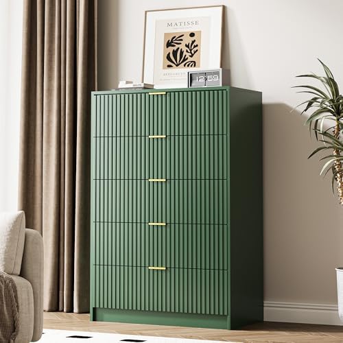 5 Drawer Dresser for Bedroom, Tall Dresser Chest of Drawers with Gold Handles, 32 Inch Wide Nightstand with for Bedroom, Living Rooms, Offices, and Entryways, Green