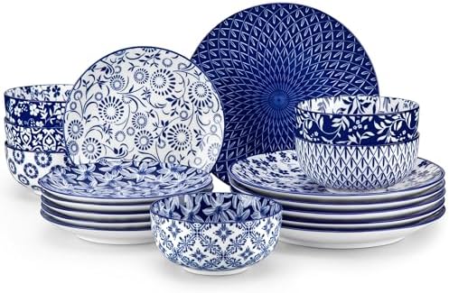 vancasso SELENE Plates and Bowls Set for 6, 18 Pieces Dinnerware Sets, Mircowave and Dishwasher Safe Dishes Set, Porcelain Blue Dinnerware