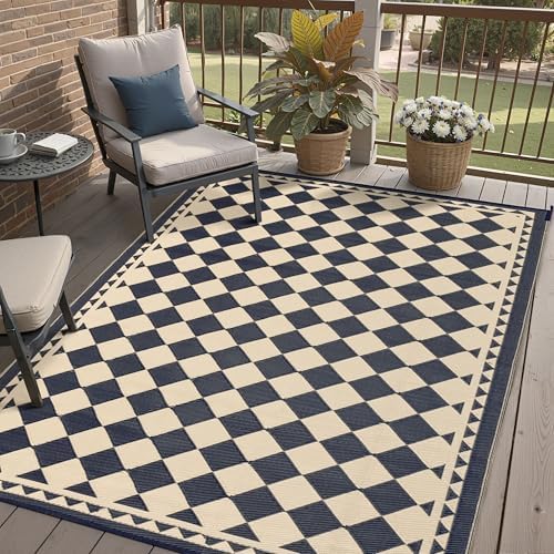 Outdoor Rug for Patios Clearance,Waterproof Mat,Large Outside Carpet,Reversible Plastic Straw Camping Rugs,Rv,Porch,Deck,Camper,Balcony,Backyard (5x8,Checkered/Black&Beige)