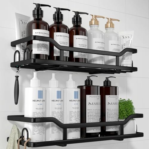 Kitsure Shower Caddy - 2 Pack, No Drilling Shower Organizer with 8 Hooks, Rustproof Stainless Steel Shower Shelf for Inside Shower, Wall Mounted Shower Rack for Bathroom, Kitchen, Black