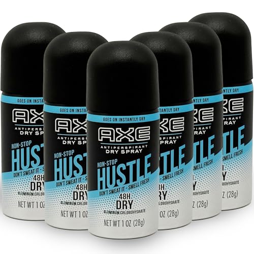 AXE Travel Deodorant Antiperspirant Body Spray, 6 Pack, Non-Stop Hustle Dry Spray Deodorant, 48 Hour Long Lasting Dry,Men's Cool Scent, 1 oz Ea