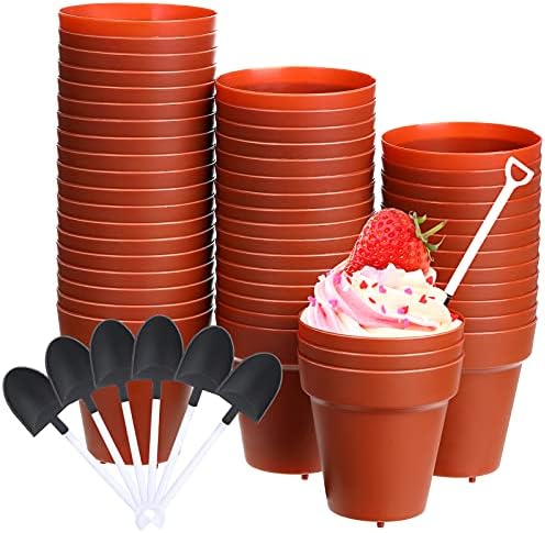 Patelai 50 Set Plastic Dessert Cups with Shovel Spoons, Flowerpot Cake Desserts Cups for Construction Birthday Party Supplies, Ice Cream, DIY Baking, Cupcakes, Yogurt, Pudding