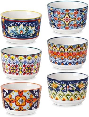 vancasso 6 Oz Ramekins Oven Safe Set of 6, Bohemian Creme Brulee Ramekins, Colorful Souffle Dishes, Pudding Custard Cups for Baking, Small Ceramic Bowls for Dipping Sauce, Ice Cream