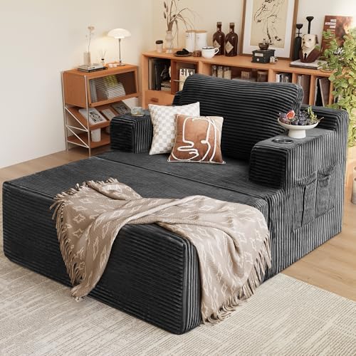 Homall Oversized Chaise Lounge Chair, Cloud Couch with Fluffy Upholstered, Deep Seat Sleeper Sofa Bed with Two Cup Holders, Comfy Boneless Couch No Assembly Required for Living Room, Apartment (Black)